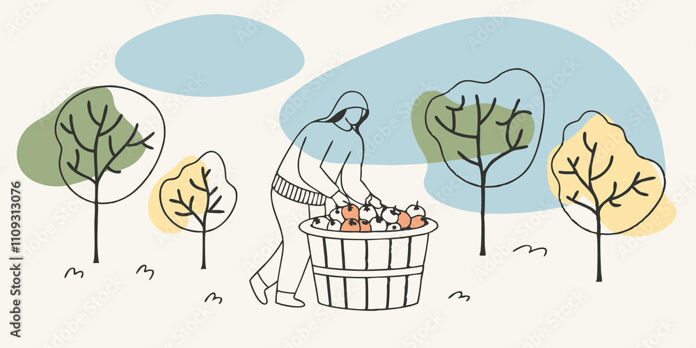 Poster autumn adventure an individual dressed in a cozy sweater fills a large basket with colorful apples a
