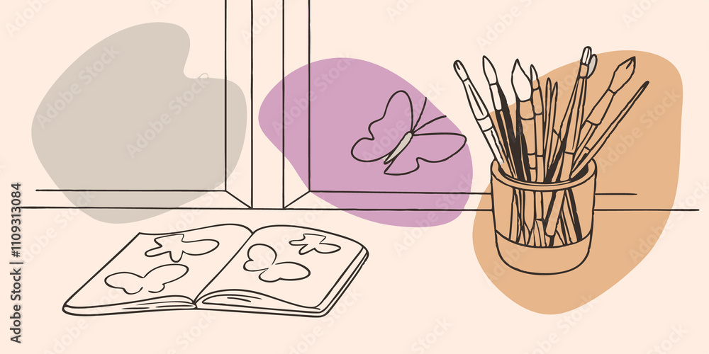 Poster Atmospheric Table Setting The table is softly illuminated by natural light filtering through a nearby window. A the art supplies a handmade ceramic cup holds paintbrushes while