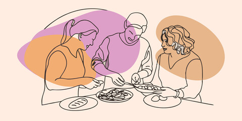 Fototapeta premium At another angle a group of friends are engaged in deep conversation while carefully placing food on their plates. One friend gestures animatedly but they are all maintaining eye