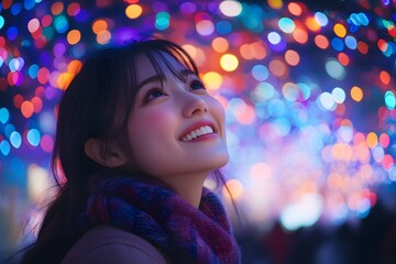 Asian woman smiles happily under bright festival lights at night, with a colorful bokeh background. Perfect for ads about happiness, cheerfulness, or festivals, conveying a warm, hopeful festive vibe.