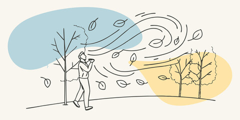 Obraz premium Autumn Breeze A side view of a person walking along a path a gentle breeze causing leaves to flutter down around them. The individual stops to catch a few leaves their face