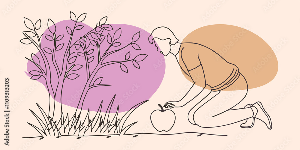 Poster bending for a fallen apple kneeling on the soft grass someone examines a ripe fallen apple running t