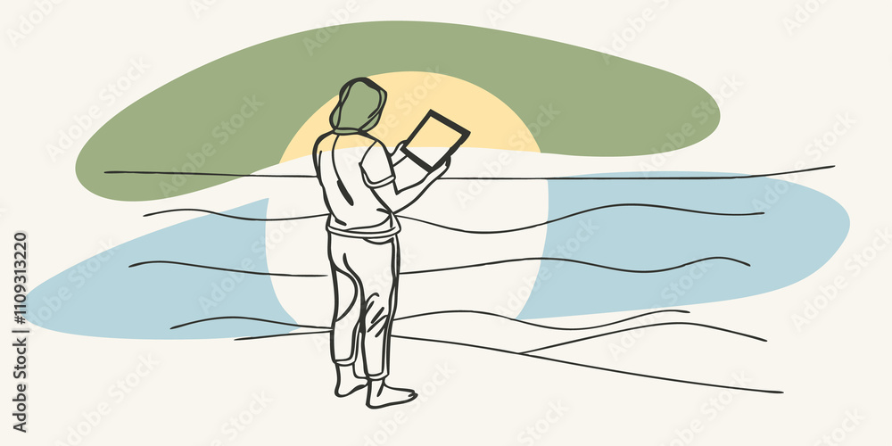 Poster beach sunset with their back to the setting sun a person stands on a sandy beach sketchbook propped 