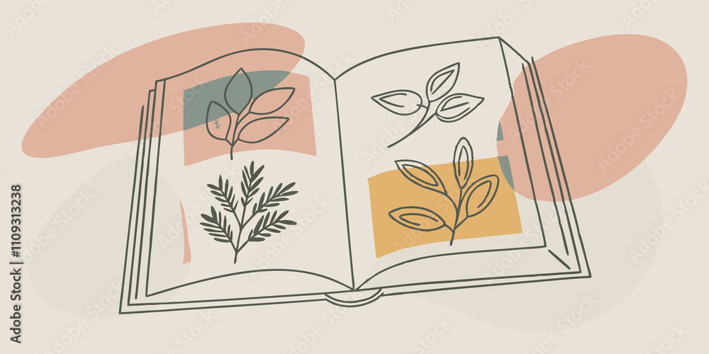 Poster botanical chronicles an open book shows a collage of pressed leaves each page offering a glimpse int