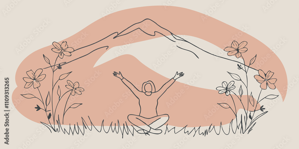 Poster breathing with nature the figure lies on a blanket of soft grass looking up at the lofty mountains. 