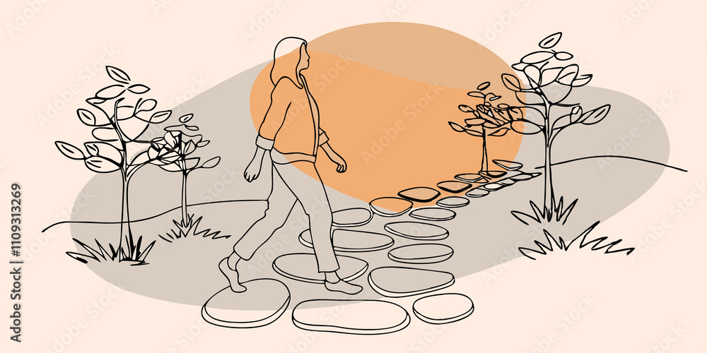Poster barefoot serenity a figure is shown walking slowly along a pebble path toes gently sinking into the 