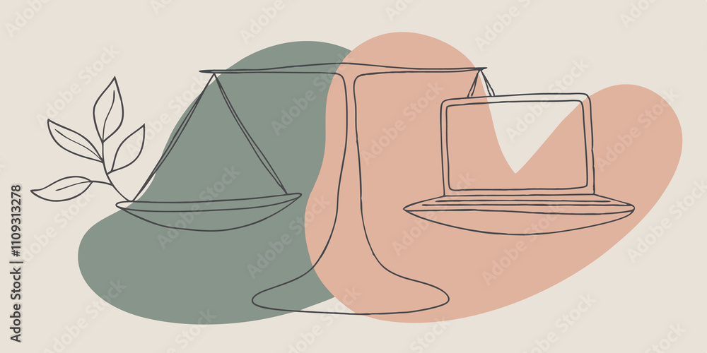 Aufkleber Balanced Scale The scale itself is stylized with a sy base perfectly poised to illustrate balance. The laptop and nature elements are evenly matched symbolizing the harmony between