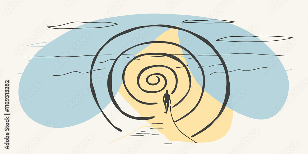 Aufkleber Beneath the Sky An expansive view of a beach under a vast blue sky. The individual is seen from behind creating a flowing spiral pattern that leads toward the waters edge blending