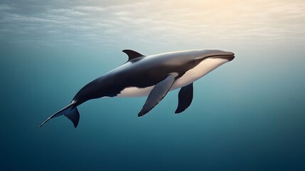 Fototapeta premium Serene underwater view of a whale gliding through a calm ocean, peaceful marine theme, 3D rendering