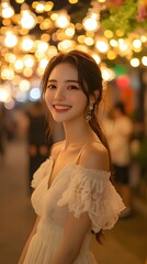 Naklejka premium Asian woman smiles happily under bright festival lights at night, with a colorful bokeh background. Perfect for ads about happiness, cheerfulness, or festivals, conveying a warm, hopeful festive vibe.