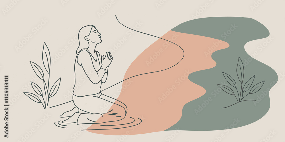 Poster Calm Reflection A figure kneels beside a small stream that runs adjacent to the path. With a hand on their heart and a peaceful expression they inhale deeply filling their lungs