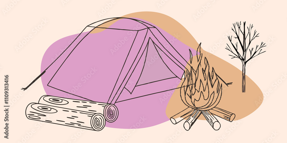 Poster campfire vibes a small contained campfire flickers in front of the tent surrounded by logs for seati
