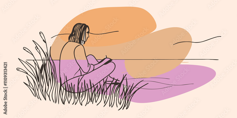 Poster calm reflection a serene scene of a single figure sitting on a grassy bank by a tranquil lake. the p
