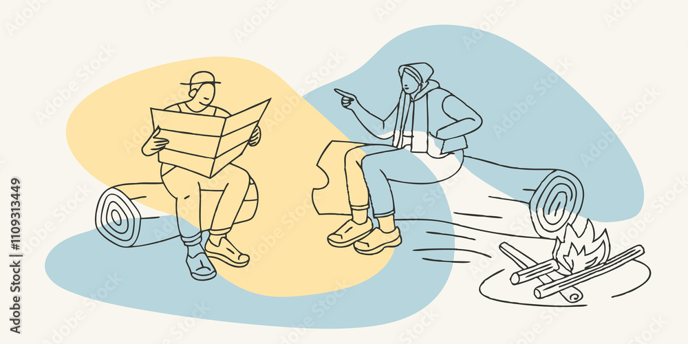 Poster campsite navigation inside a cozy campsite with a crackling fire nearby a person sits on a log balan