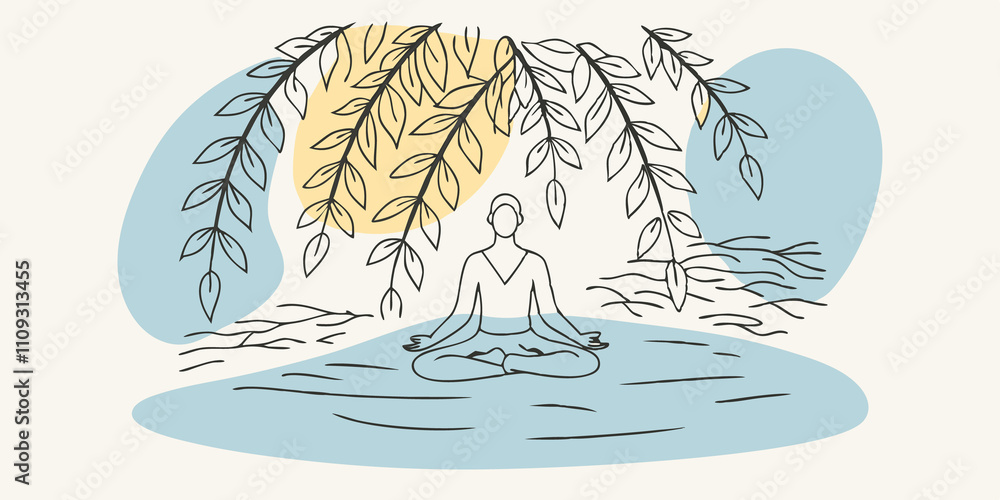 Aufkleber calm waters a serene scene where a person sits crosslegged on a smooth river rock surrounded by gent