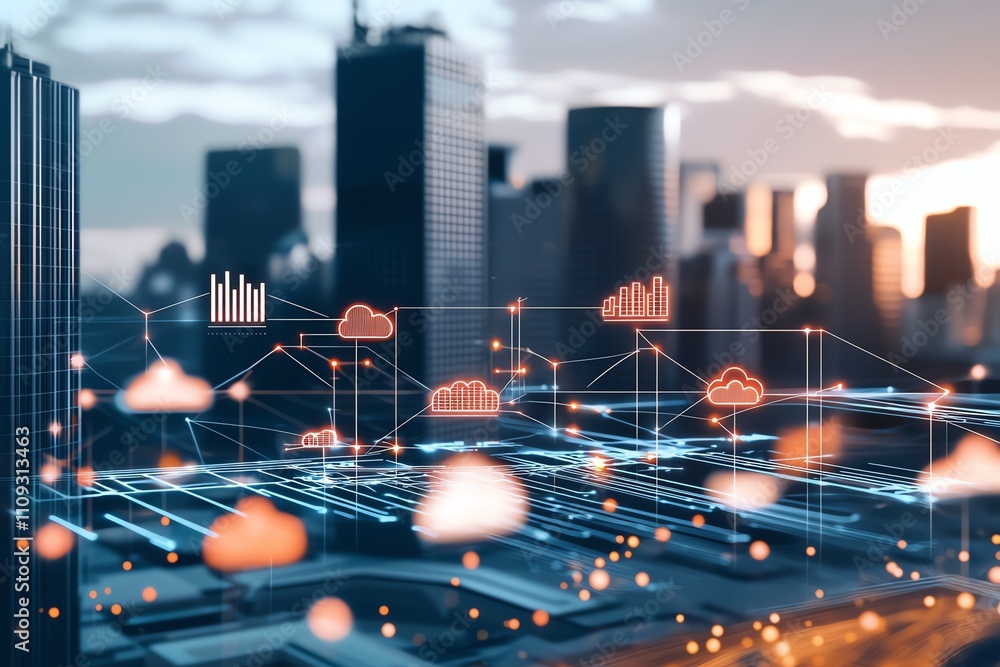 Poster a futuristic cityscape illustrating digital connectivity with overlay graphics of clouds and data ne