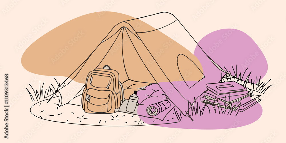 Poster camping essentials a small backpack leans against the side of the tent filled with essentials like a