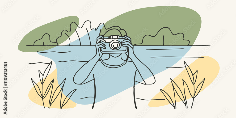 Poster capturing the moment with a vintage camera slung around their neck an individual stands at the edge 