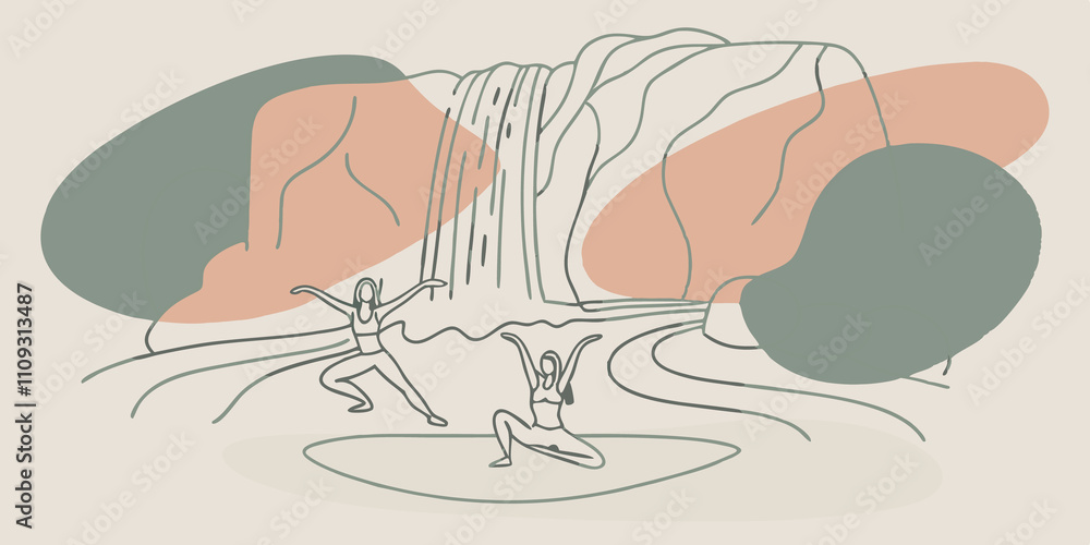 Poster Cascading Waterfall In a picturesque setting yogis practice by a sparkling stream with a waterfall cascading down the rocks behind them. The sound of the rushing water enhances the