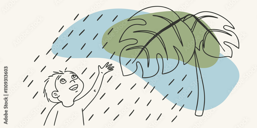 Aufkleber Childlike Wonder A child with wide eyes and an expression of awe reaches out to touch a large leaf that hosts a of sparkling raindrops. The background features a gentle ra with