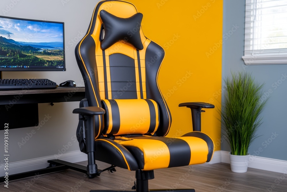 Poster a gaming setup with a high-performance computer, rgb lighting, a curved monitor, and an ergonomic ch