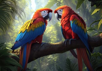 Obraz premium Two red parrots with blue and yellow feathers perched on a tree branch in the rainforest
