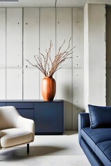 Loft Living Room with dried branches and warm wood with the industrial aesthetic of the loft space
