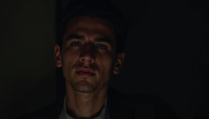 Obraz premium A young Caucasian man with short dark hair taking a selfie on a smartphone in a dimly lit environment