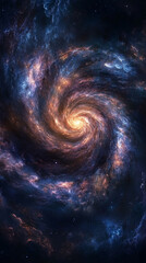 Mobile phone wallpaper: spiral galaxy with swirling colors and intricate patterns, representing the vastness of space. The background is dark blue to accentuate its grandeur