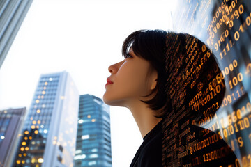 Double exposure of woman with binary code overlaying her profile and modern cityscape, embodying futuristic innovation and digital transformation
