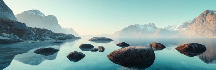 Rugged mountains of Lofoten with floating rocks on calm seas under clear daylight. AI generated illustration