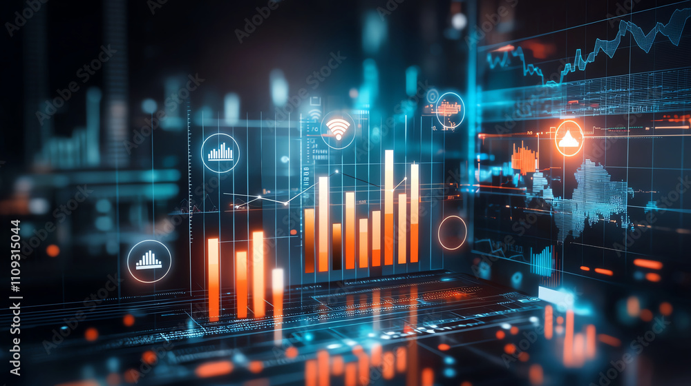 Aufkleber a futuristic digital interface displaying dynamic graphs and charts. the vibrant colors and sleek de
