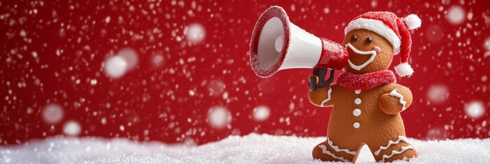Naklejka premium Gingerbread Man Christmas Announcement - Festive gingerbread man with megaphone, snow, red background. Symbolizes Christmas cheer, announcements, holiday spirit, winter, and sweet treats.