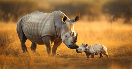 Obraz premium African white dormant rhino with baby standing in the savannah