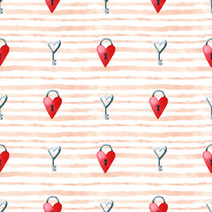 Valentine's day seamless pattern with heart shaped padlock and key. Watercolor hand drawn illustration. Cute love texture for fabric and wrapping paper, scrapbooking paper.