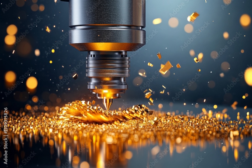 Aufkleber A magical CNC milling machine carving intricate patterns into enchanted glowing metal, surrounded by floating sparks of light