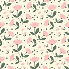 Pink Flowers Seamless Pattern, Floral Textile Print, Botanical Repeat Background, Simple Bloom Ornament, Minimalist Botany Pattern