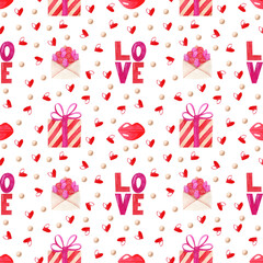 Valentine's day seamless pattern. Watercolor hand painted wallpaper with Love, gift box, lips, hearts, envelope with flowers, white background. Romantic texture for fabric and wrapping paper.