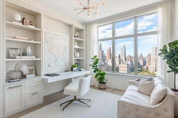 Stylish and vibrant home office with modern design and cityscape view. AI generated illustration