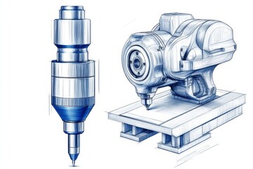 A minimalist illustration of a CNC milling cutter and a workpiece, drawn with clean lines and monochrome shading