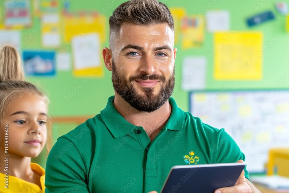 Poster a modern digital classroom with interactive screens, students using tablets, and a teacher guiding t