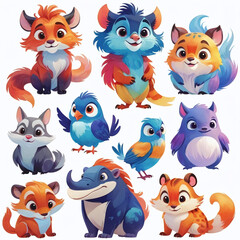 Cute and colorful cartoon animals featuring a variety of species in playful poses and vibrant colors