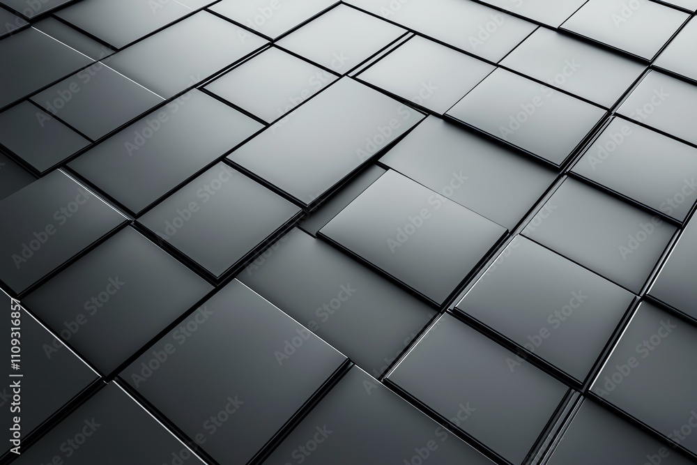 Poster A high-resolution image showcasing a modern tiled surface with sleek black tiles arranged in a geometric pattern, ideal for backgrounds or architectural designs.