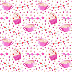 Cupcake and cappuccino seamless pattern. Valentines day watercolor hand drawn endless wallpaper. Holiday background with cake, cup, hearts garland, rose garland.