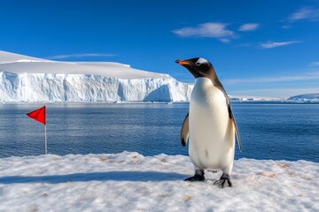 Fototapeta premium A penguin colony on an icy shore, with adults and fluffy chicks interacting under a crisp polar sky