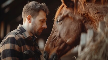 Obraz premium Caucasian Men Spending His Free Time with Horse in a Barn. Horse Nose Caress.
