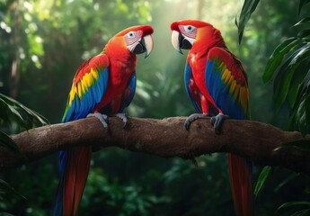 Obraz premium Two red parrots with blue and yellow feathers perched on a tree branch in the rainforest
