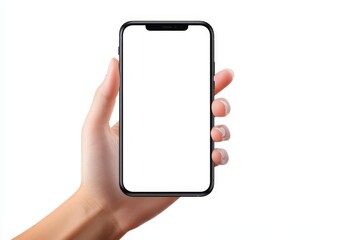 Hand Holding Smartphone with Blank Screen - Woman's hand displays a smartphone with a blank screen, ideal for app demos, website mockups, or technology presentations.  Clean, modern, technology, commu