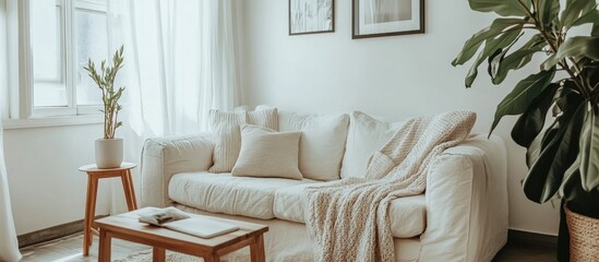 Fototapeta premium Cozy small living room with bright white decor and inviting atmosphere perfect for relaxation