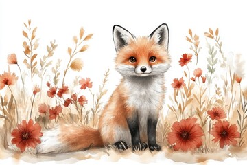 Obraz premium A cute fox sits among flowers, showcasing a serene and artistic nature scene.